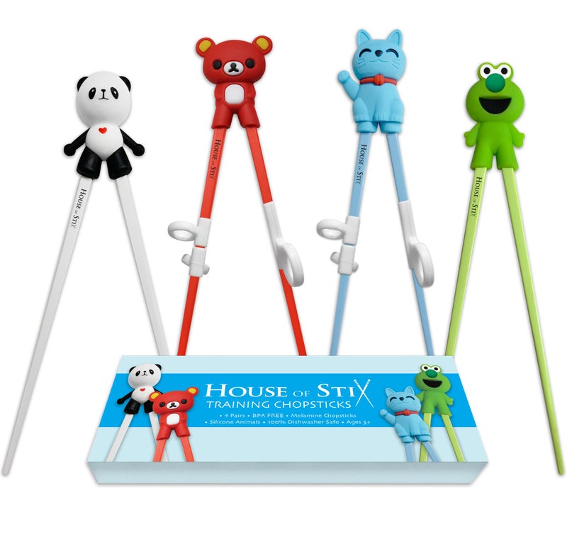 House of Stix Kids Training Chopsticks for Toddlers, Kids and Adults - Removable Finger Helpers, Animal Design, BPA-Free, Dishwasher-Safe (Animals 4-Pack) - Image 1